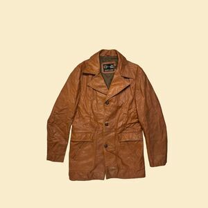 1970s brown leather jacket, size 42 Tall Sears The Mens Store button down coat